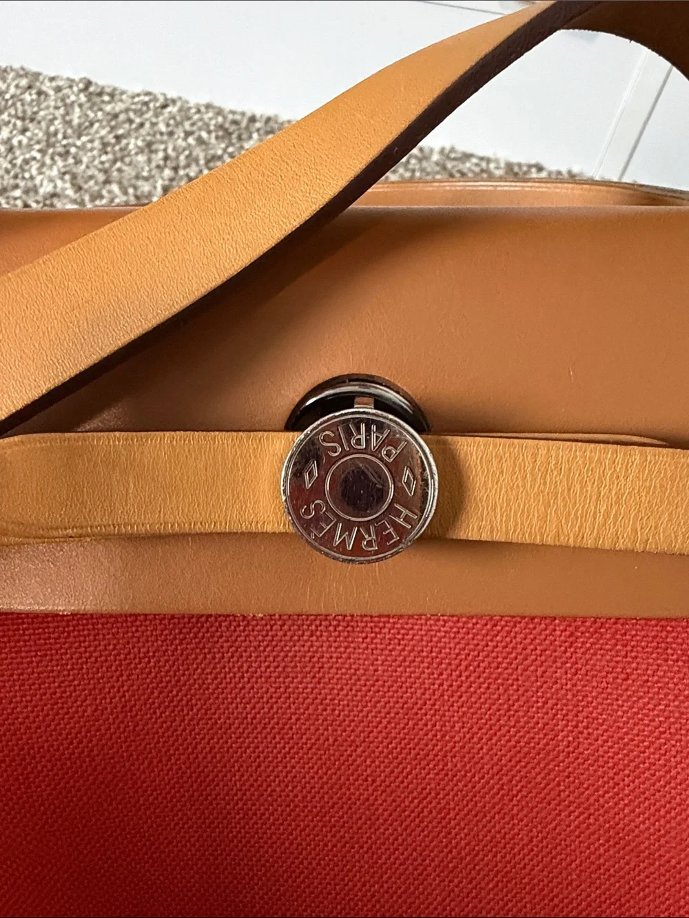 Hermes Red Canvas and Tan Leather Top-Handle Satchel